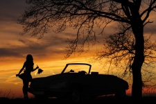 Sunset, Silhouette, Car, Woman