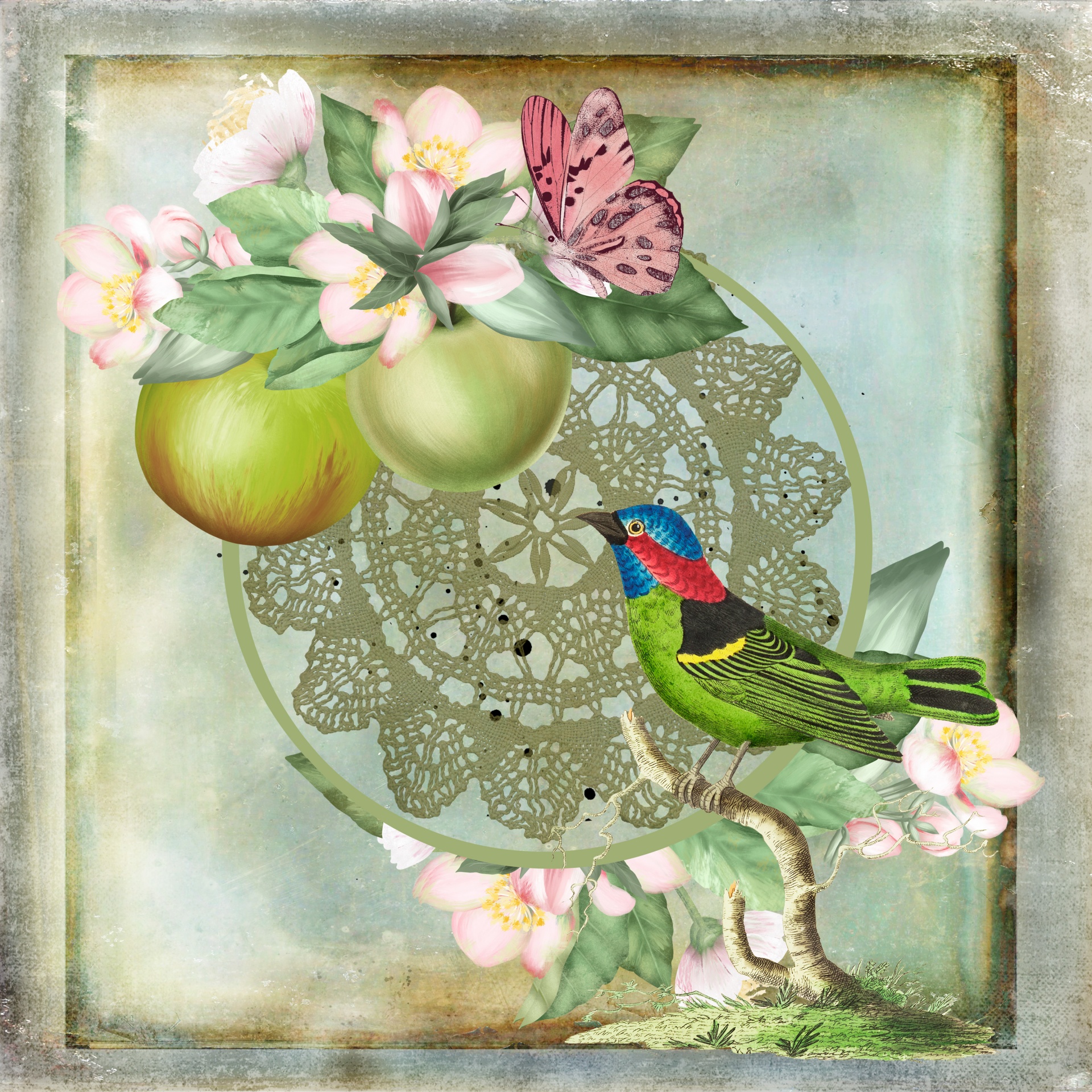 green apples, pink blossoms, butterfly and a bird on vintage textured green background