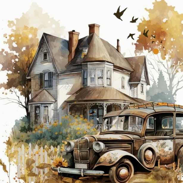 Vintage House And Car Free Stock Photo - Public Domain Pictures