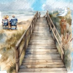 Summer Watercolor Ocean Boardwalk