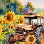 Tractor In Sunflower Field Farm