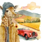 Giraffe With A Red Convertable