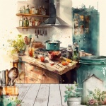 Rustic Country Kitchen Watercolor