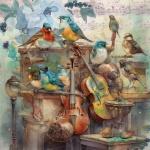 Vintage Music Violin Birds