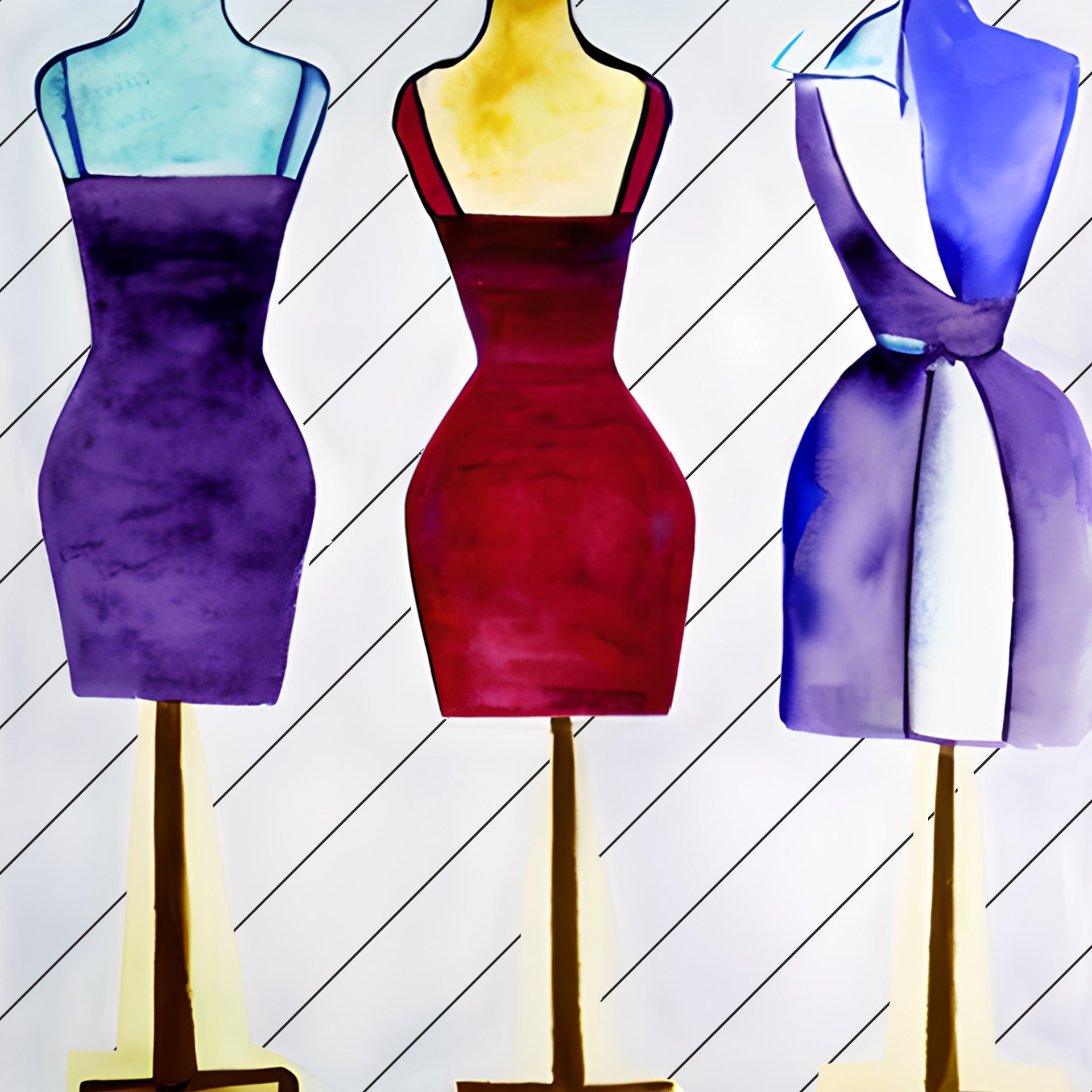 three mannequins with short dresses on a simple striped background