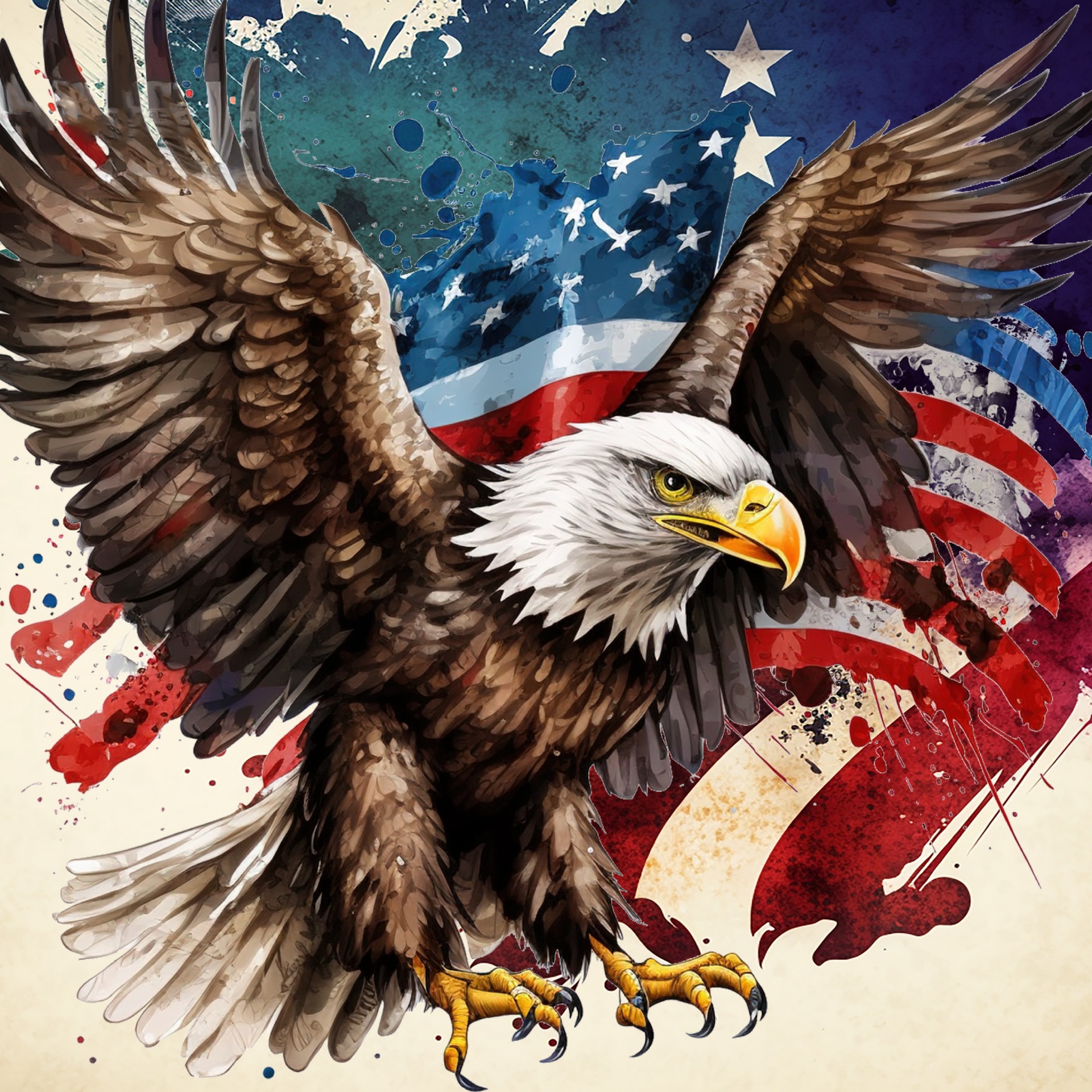 Majestic flying eagle with US flag background