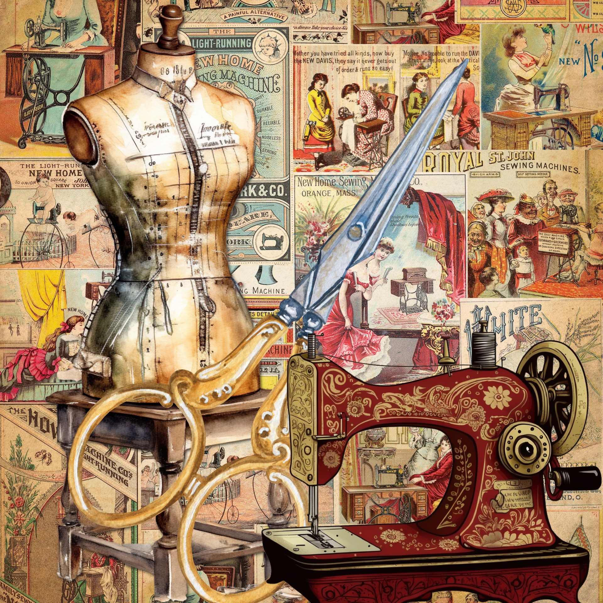 a montage background of antique advertisements about sewing with an overlay of a mannequin, scissors and sewing machine