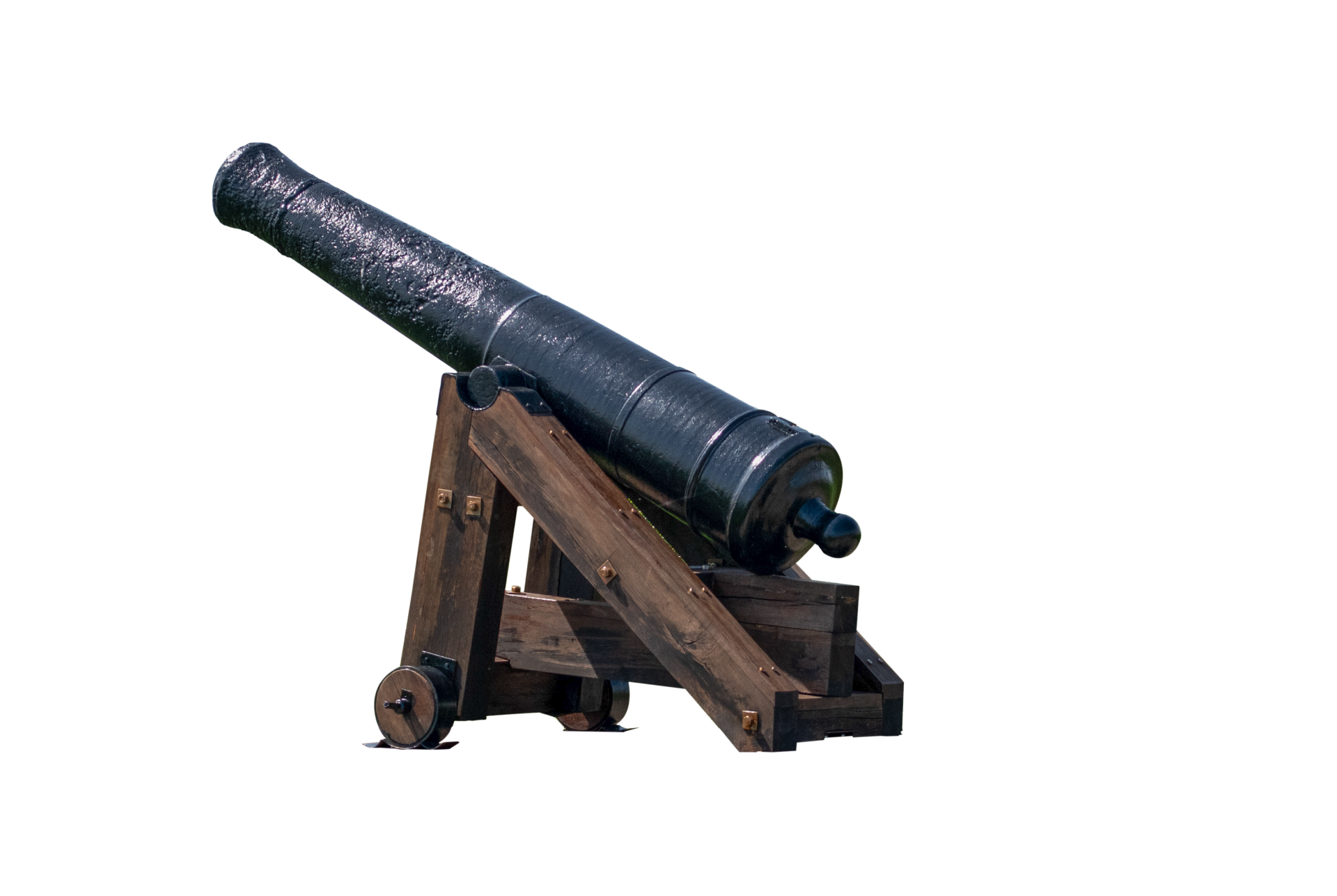 A medieval cannon on a wooden stand, transparent background, png