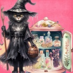 Pink Halloween Witch Black Cat