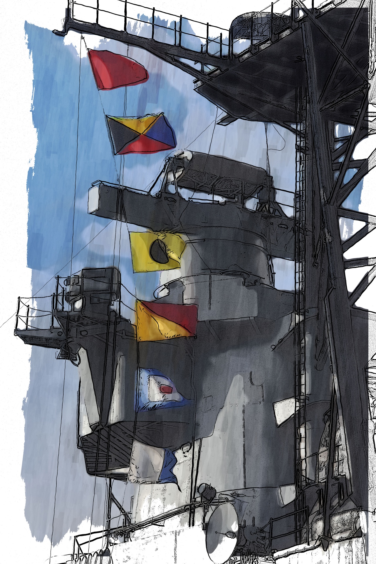 artistic rendering of Nautical flags on the historic Battleship Iowa retired in San Pedro, California