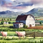 Farm And Cows Watercolor