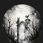 Skeleton And Cat In Cemetery