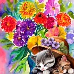 Kittens Under A Floral Hat