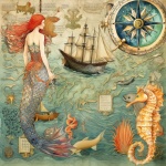 Vintage Mermaid Nautical Illustrati