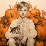 Boy With Cat And Pumpkin