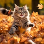 Happy Kitten Playing In Fall Leaves