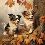 Happy Dogs Playing In Fall Leaves
