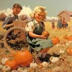 Vintage Children In Pumpkin Patch