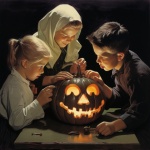 Vintage Children Carving Pumpkin