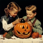 Vintage Children Carving Pumpkin