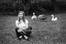 Meadow, Woman, Laughing, Geese