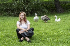 Meadow, Woman, Laughing, Geese