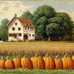 Old Farmhouse And Pumpkin Field