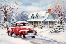 Red Truck Home In Snow