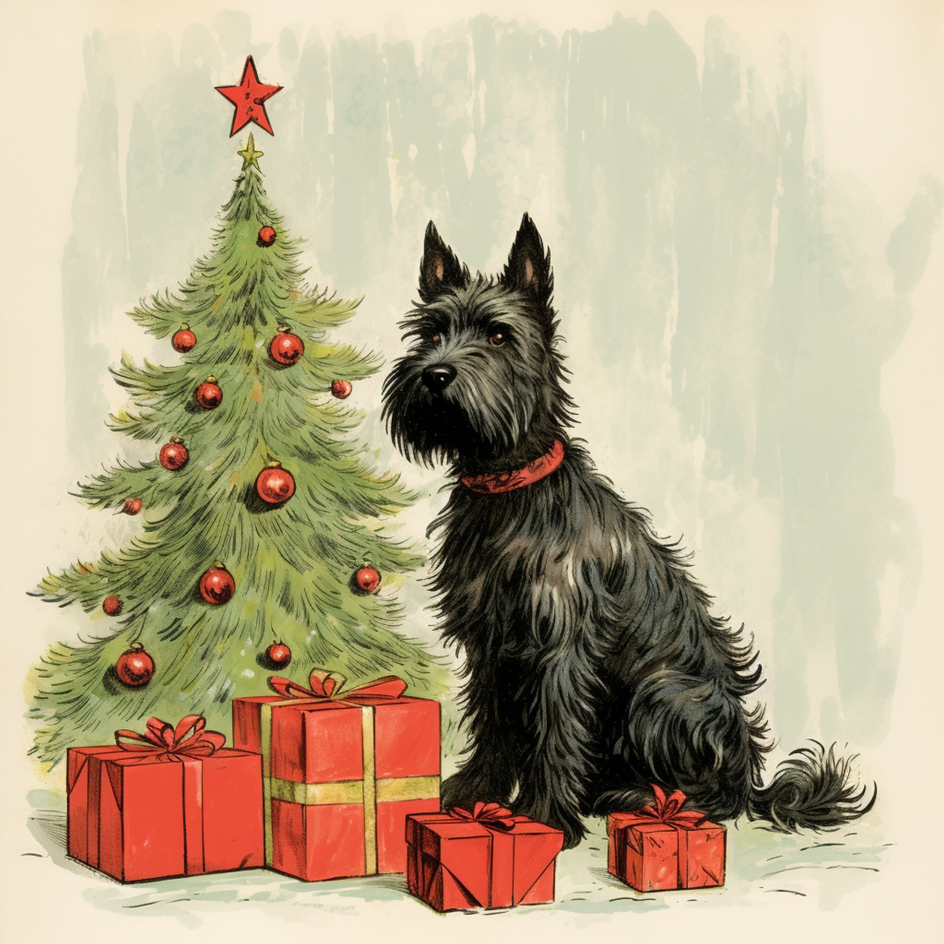 A black Scottish Terrier dog sitting between gifts and a tree