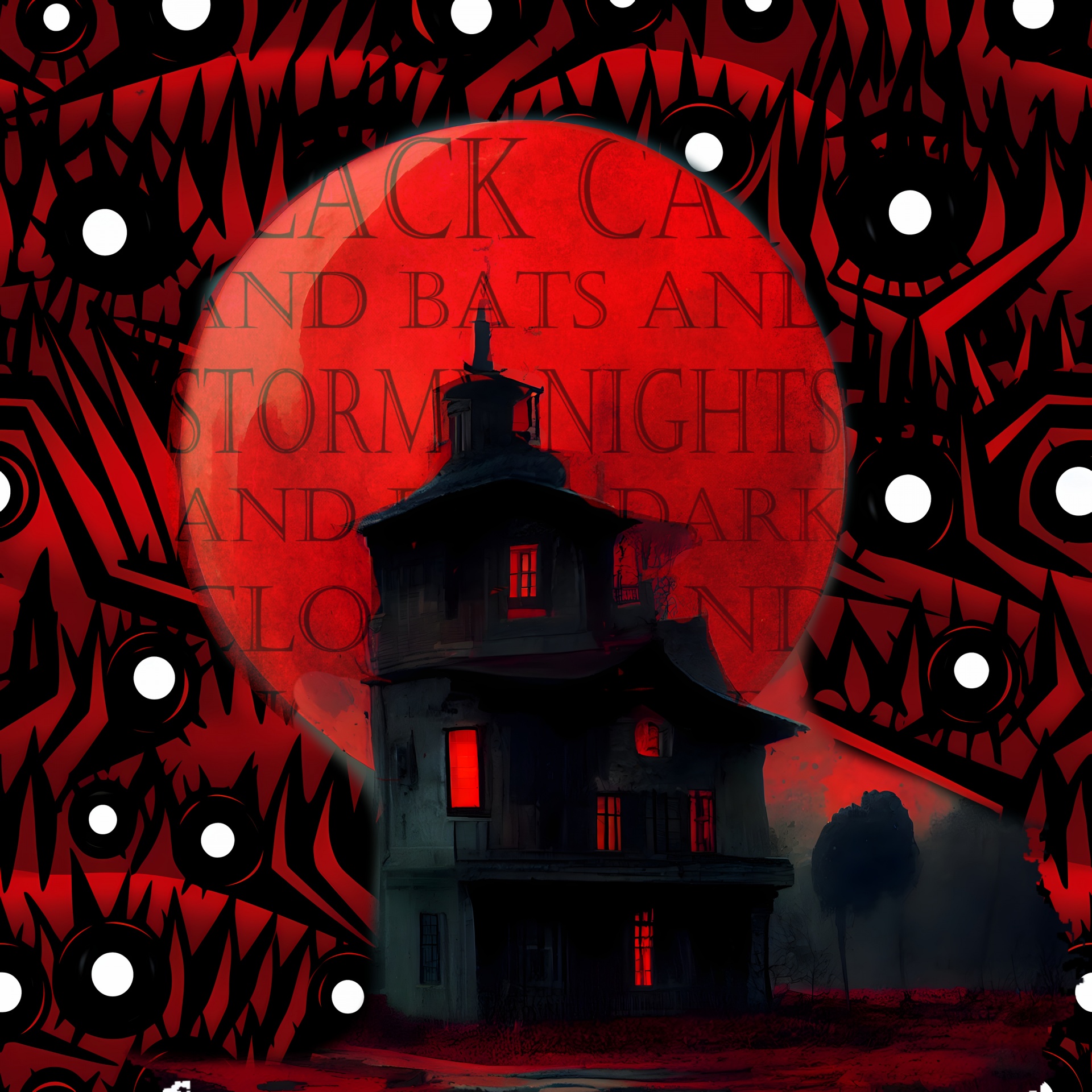 Cartoon type illustration featuring a haunted house on a background of eyes
