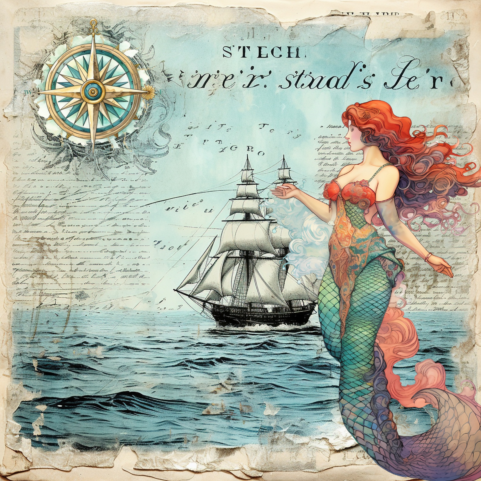 vintage writing script background with overlays of an antique sailing vessel, mermaid and compass
