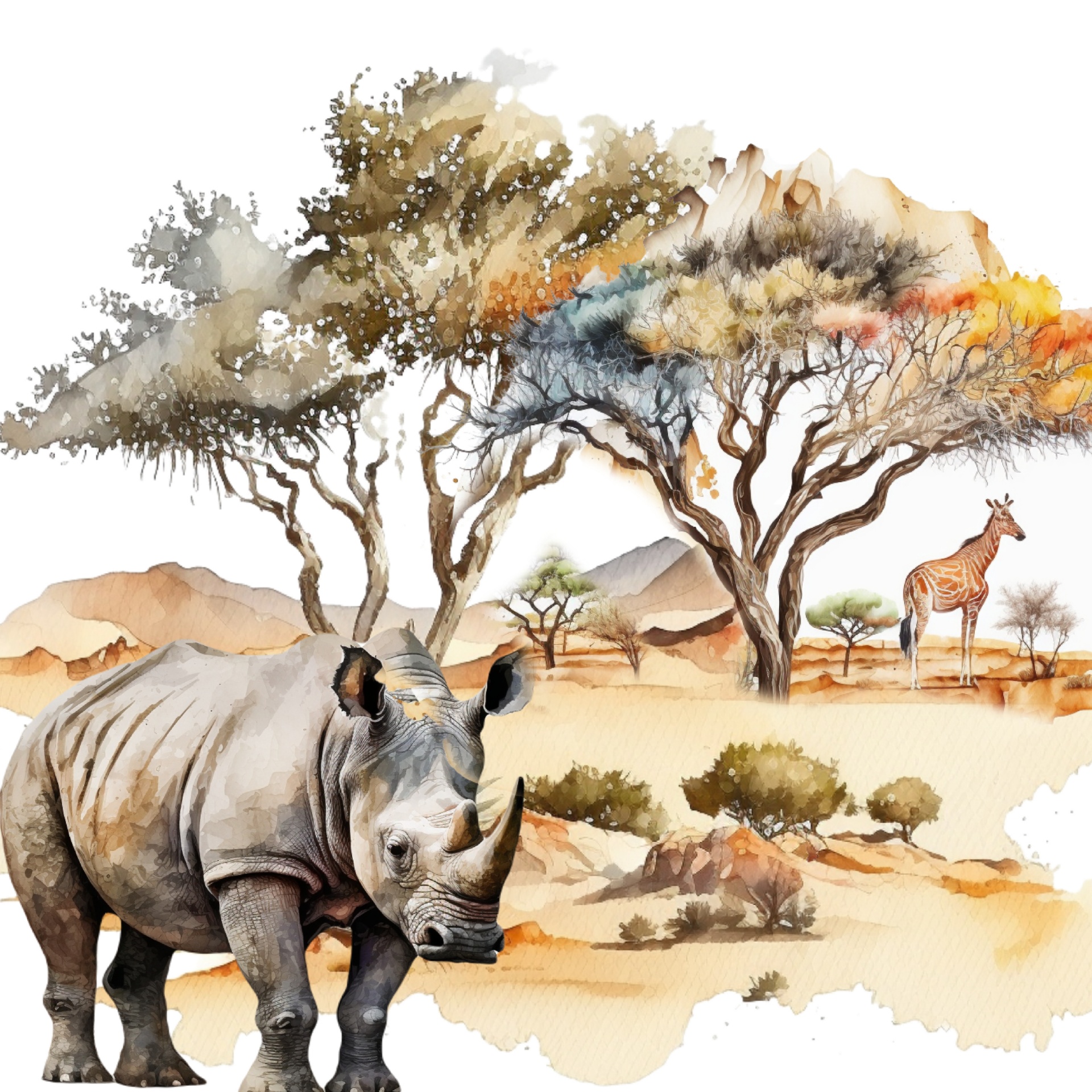 a rhino and giraffe on savannah by baobab trees in Africa