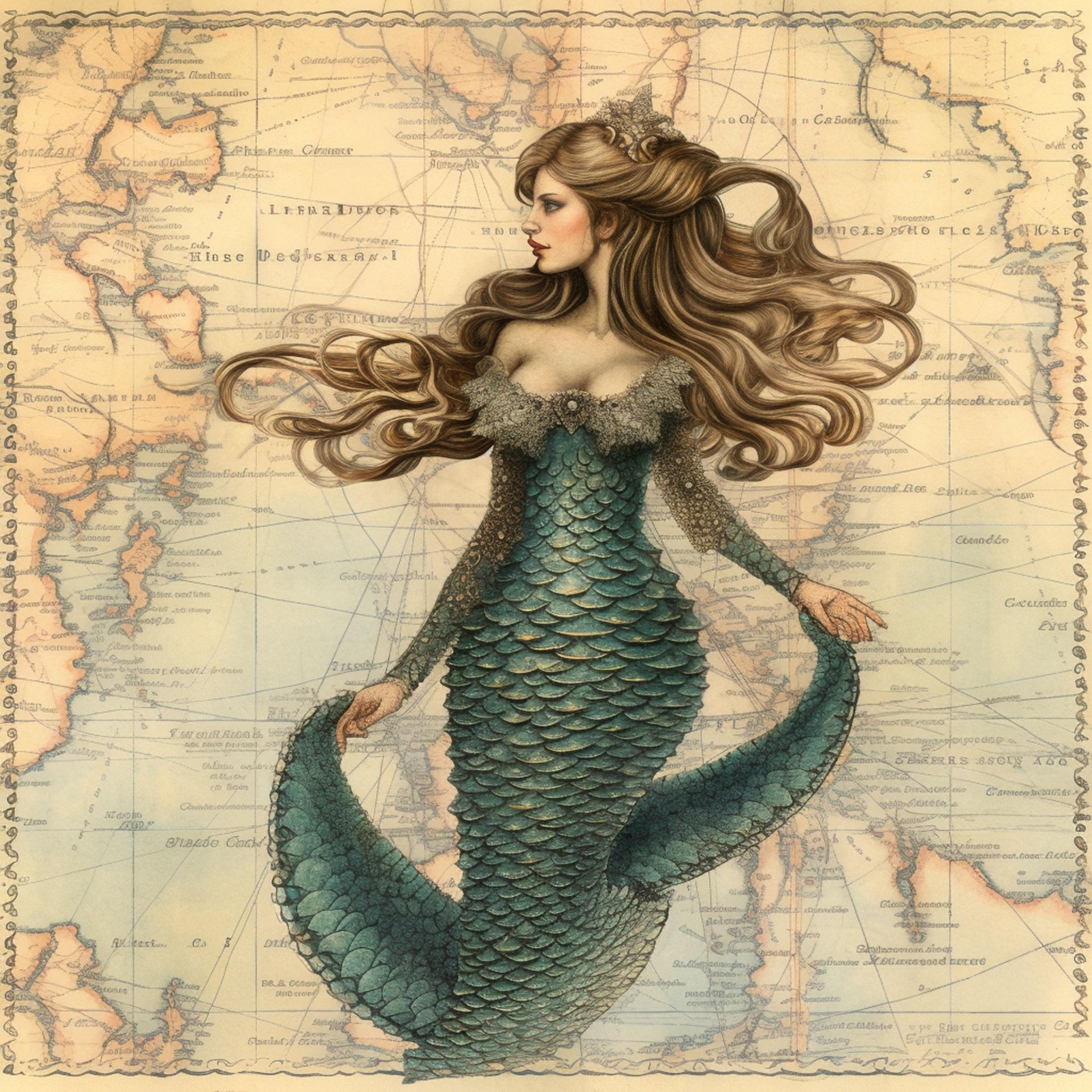 Mermaid On Vintage Map