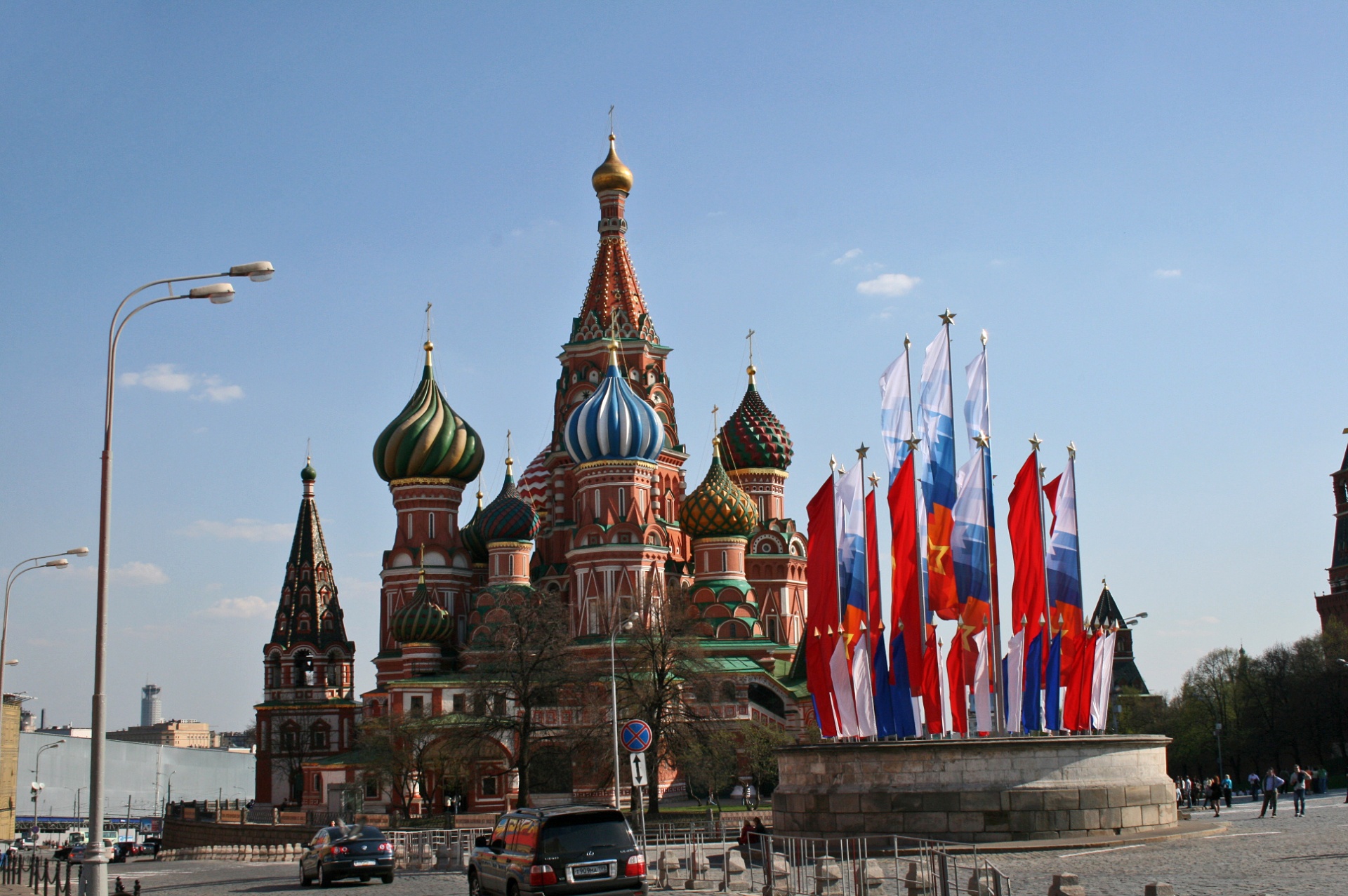 victory day flags on the tsar's podium in fornt of st basil's cathedral on red square in moscow
