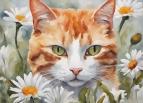Cat Amongst Daisies Watercolor