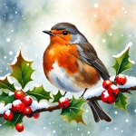 Christmas Robin Holly Branch