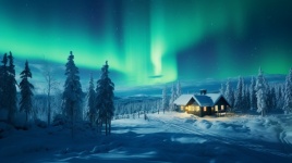 Cottage In Winter With Northern Lights