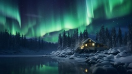Cottage In Winter With Northern Lights