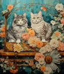 Cats In Flowery Cart Illustration