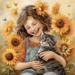 Girl With Cat And Sunflowers