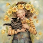 Girl With Cat And Sunflowers