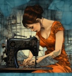 Retro Woman Sewing Illustration