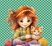 Girl Knitting With Cat