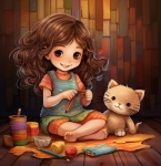 Girl Knitting With Cat