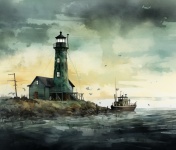 Ocean Lighthouse Boat Watercolor