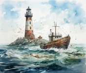 Ocean Lighthouse Boat Watercolor