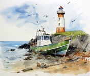 Lighthouse Boat Ocean Watercolor
