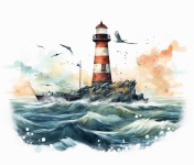 Lighthouse Ocean Boat Watercolor