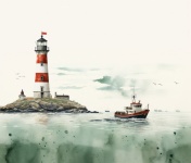Lighthouse Boat Ocean Watercolor