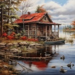 Fall Cabin By A Lake Landscape